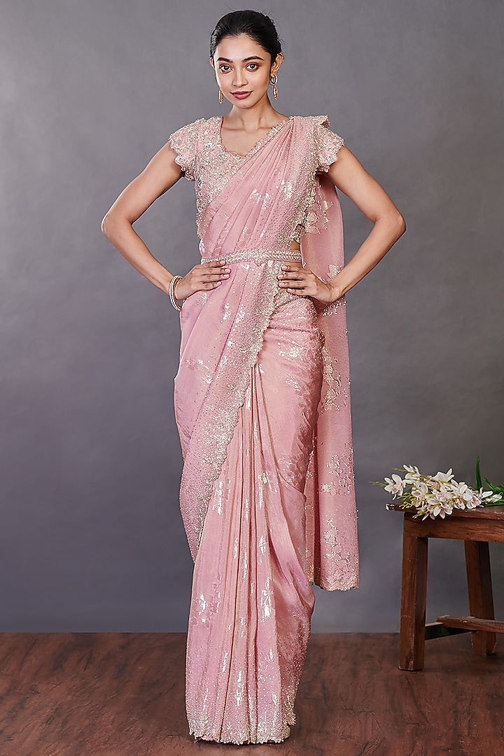 Onion Pink Embroidered Saree Set Design by Onaya at Pernia's Pop Up 