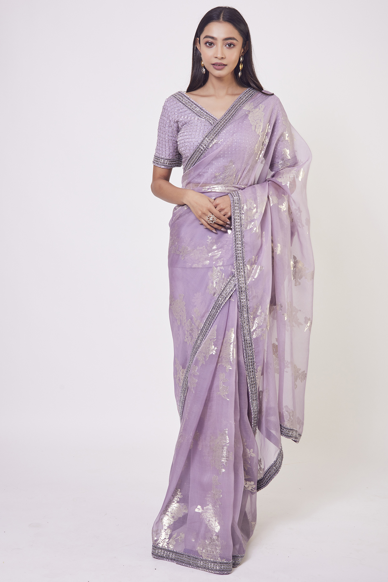 Lavender Embroidered Party Wear Saree Set by Onaya at Pernia's Pop Up Shop