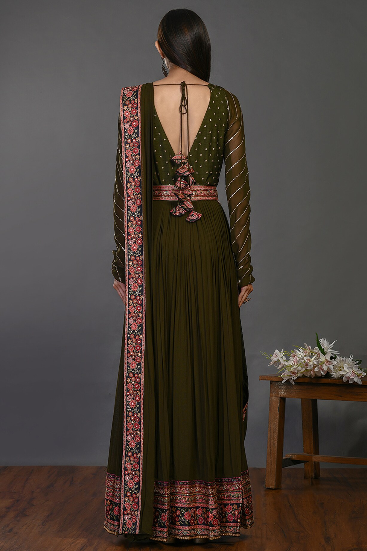 Padmalaya Mehendi Green Georgette Anarkali Gown Set