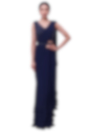 Blue Georgette Draped Party Wear Saree Set by Onaya at Pernia's Pop Up Shop