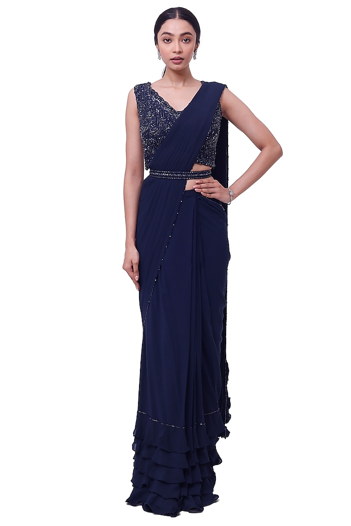 Blue Georgette Draped Party Wear Saree Set by Onaya at Pernia's Pop Up Shop