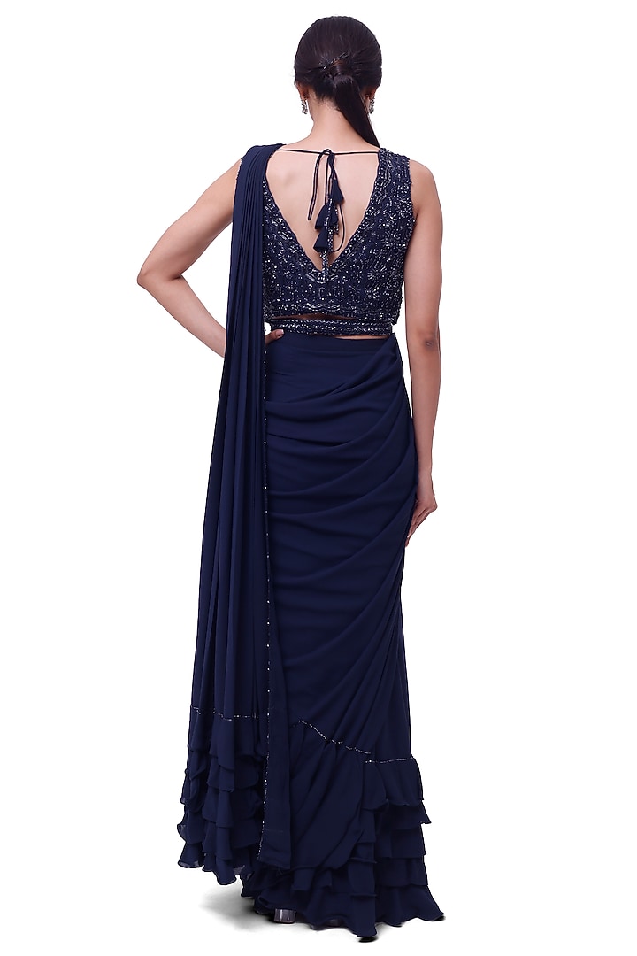 Blue Georgette Draped Party Wear Saree Set by Onaya at Pernia's Pop Up Shop