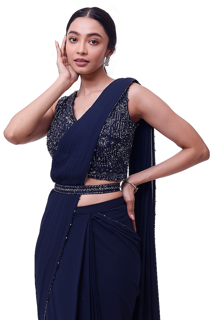 Blue Georgette Draped Party Wear Saree Set by Onaya at Pernia's Pop Up Shop