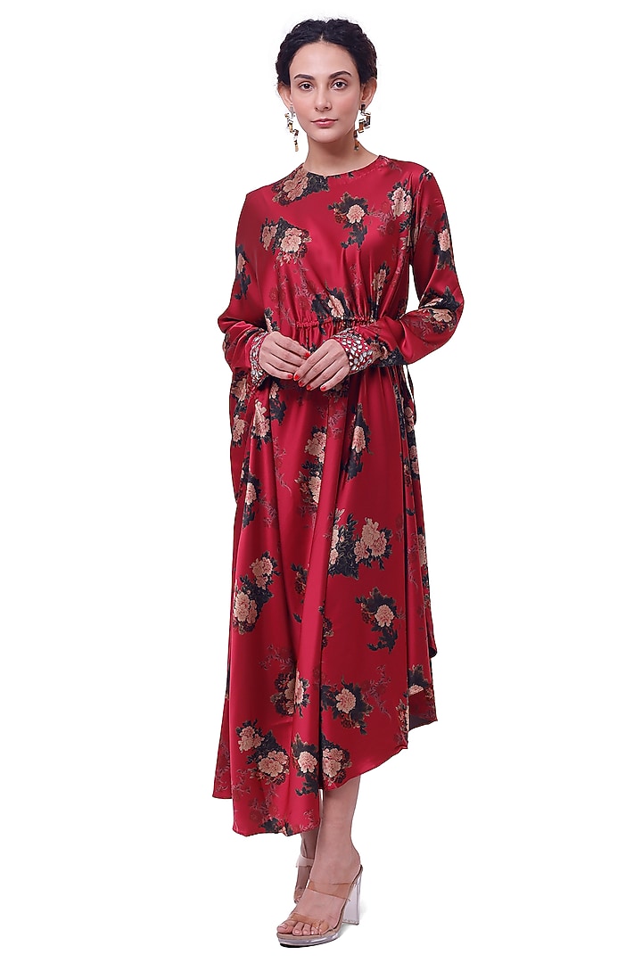 Red Satin Printed Summer Dress by Onaya at Pernia's Pop Up Shop
