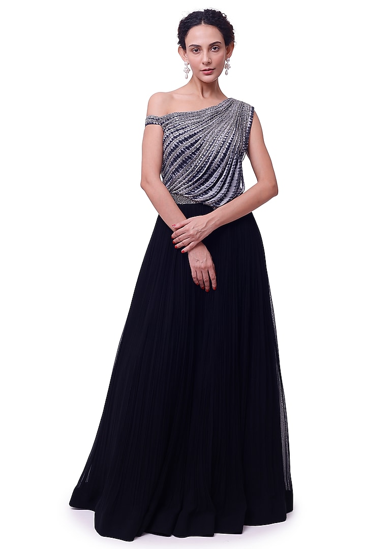 Black & Grey Georgette Embellished Party Wear Gown by Onaya at Pernia's Pop Up Shop