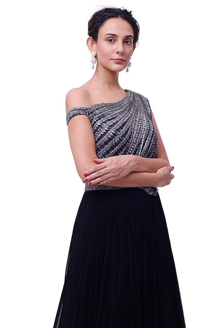 Black & Grey Georgette Embellished Party Wear Gown by Onaya at Pernia's Pop Up Shop