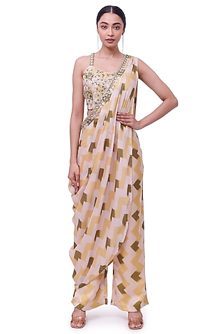 Mustard Satin Printed Pant Saree Set by Onaya