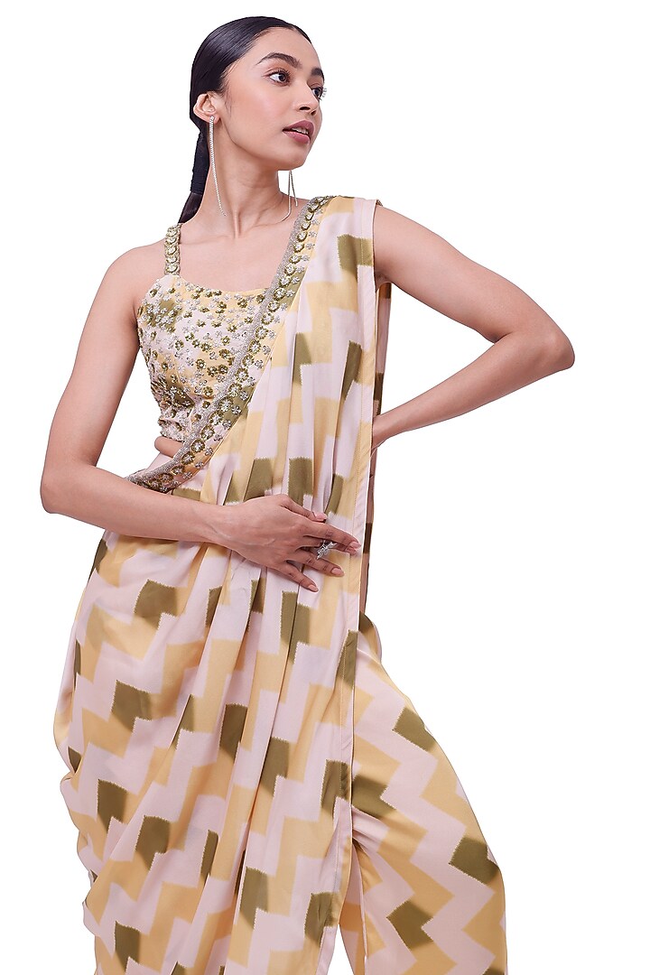 Mustard Satin Printed Pant Festive Saree Set by Onaya at Pernia's Pop Up Shop