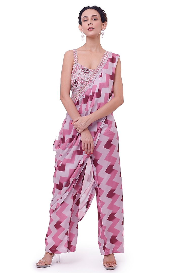 Pink Satin Printed Pant Saree Set by Onaya
