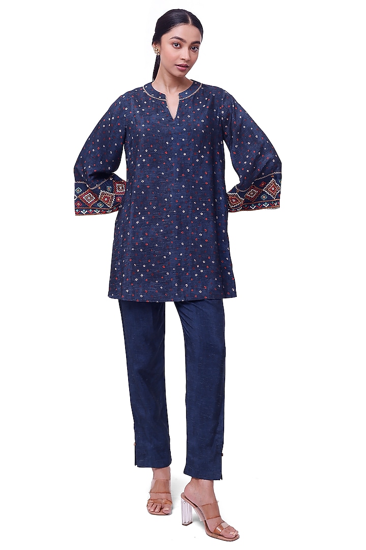 Blue Silk Printed & Embroidered Kurta Set by Onaya at Pernia's Pop Up Shop