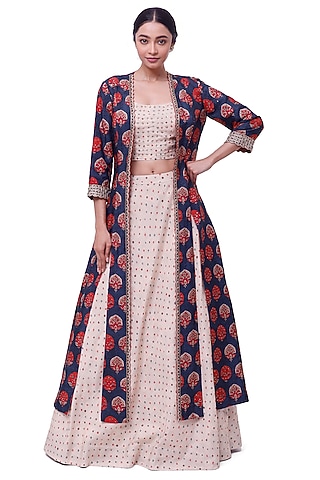 Deep Blue Silk Printed Jacket Set by Onaya