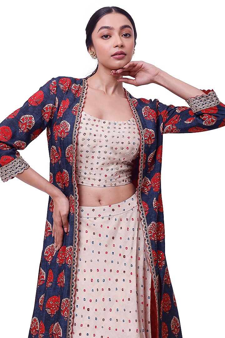 Deep Blue Silk Printed Jacket Set by Onaya at Pernia's Pop Up Shop