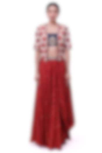 Red Silk Bandhani Printed Skirt Set by Onaya at Pernia's Pop Up Shop