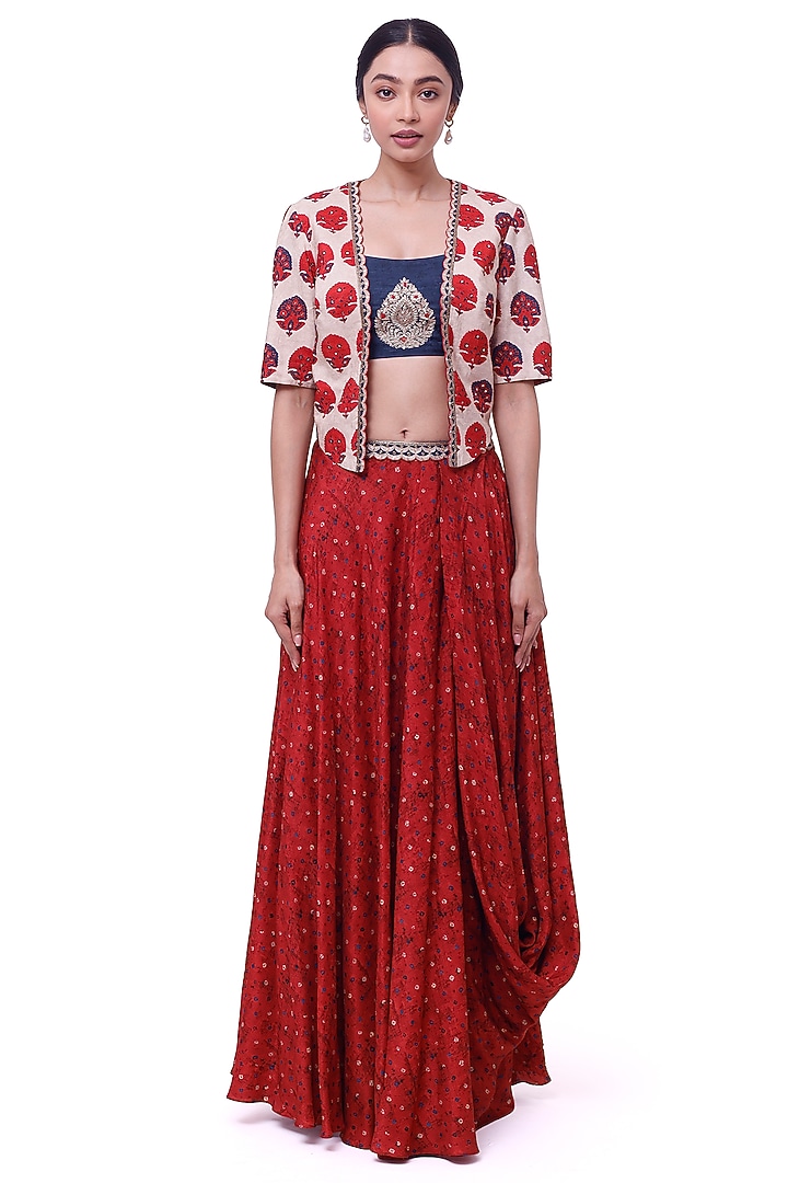Red Silk Bandhani Printed Skirt Set by Onaya at Pernia's Pop Up Shop