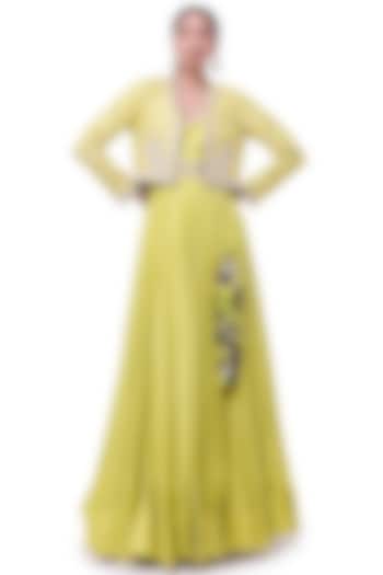 Lime Yellow Russian Silk Embellished Party Wear Anarkali With Jacket by Onaya at Pernia's Pop Up Shop