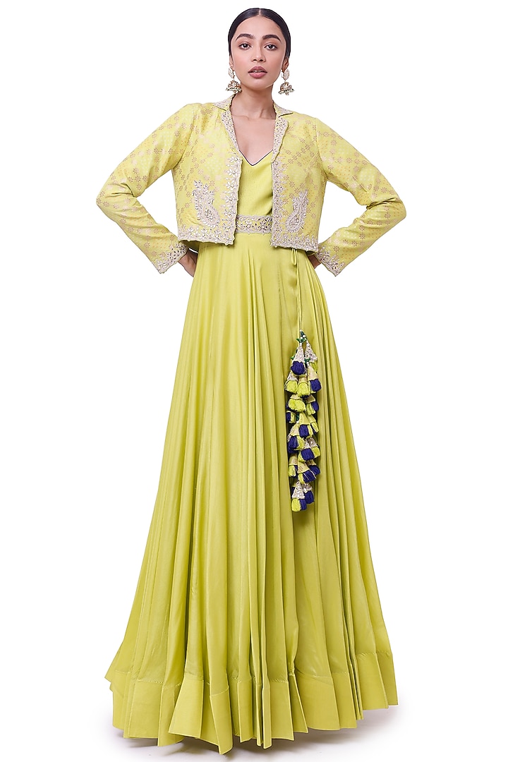 Lime Yellow Russian Silk Embellished Party Wear Anarkali With Jacket by Onaya at Pernia's Pop Up Shop