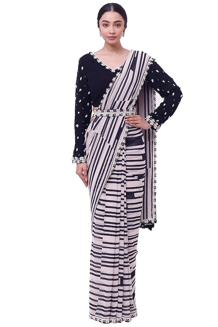 Black & White Georgette Striped Party Wear Saree Set by Onaya at Pernia's Pop Up Shop