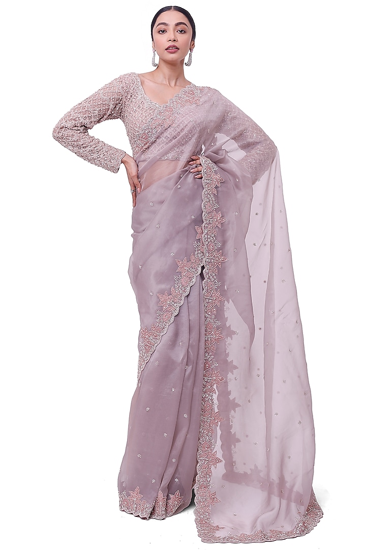 Dove Grey Organza Sequins Embellished Saree Set by Onaya at Pernia's Pop Up Shop