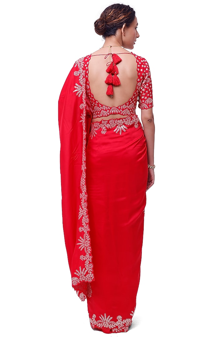 Red Russian Silk Zari Embellished Festive Saree Set by Onaya at Pernia's Pop Up Shop