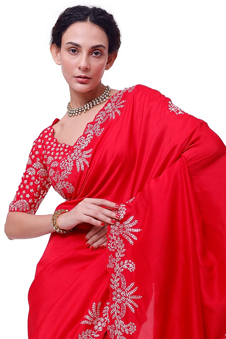 Red Russian Silk Zari Embellished Festive Saree Set by Onaya at Pernia's Pop Up Shop
