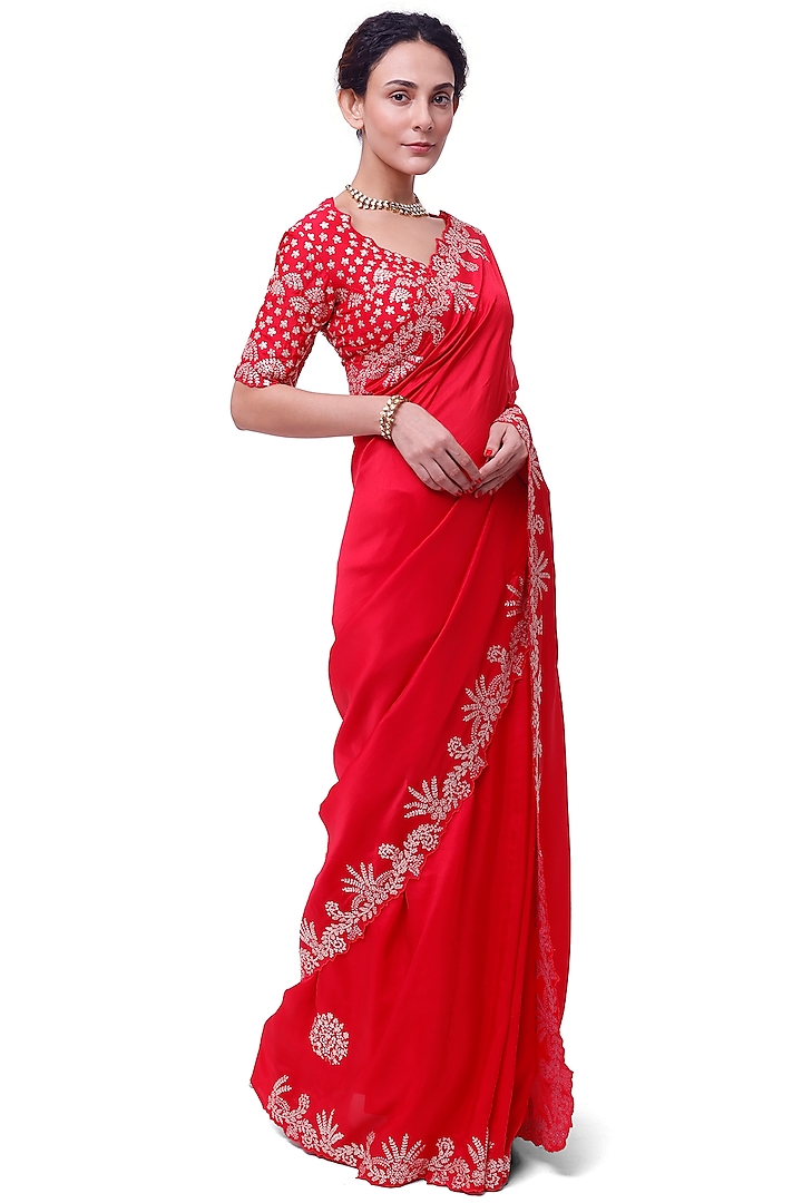 Red Russian Silk Zari Embellished Festive Saree Set by Onaya at Pernia's Pop Up Shop