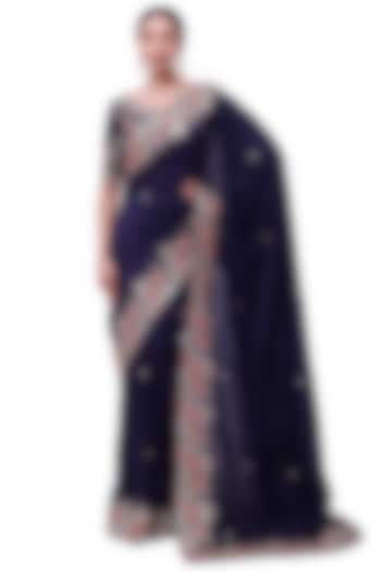 Deep Blue Russian Silk Zari Embellished Party Wear Saree Set by Onaya at Pernia's Pop Up Shop
