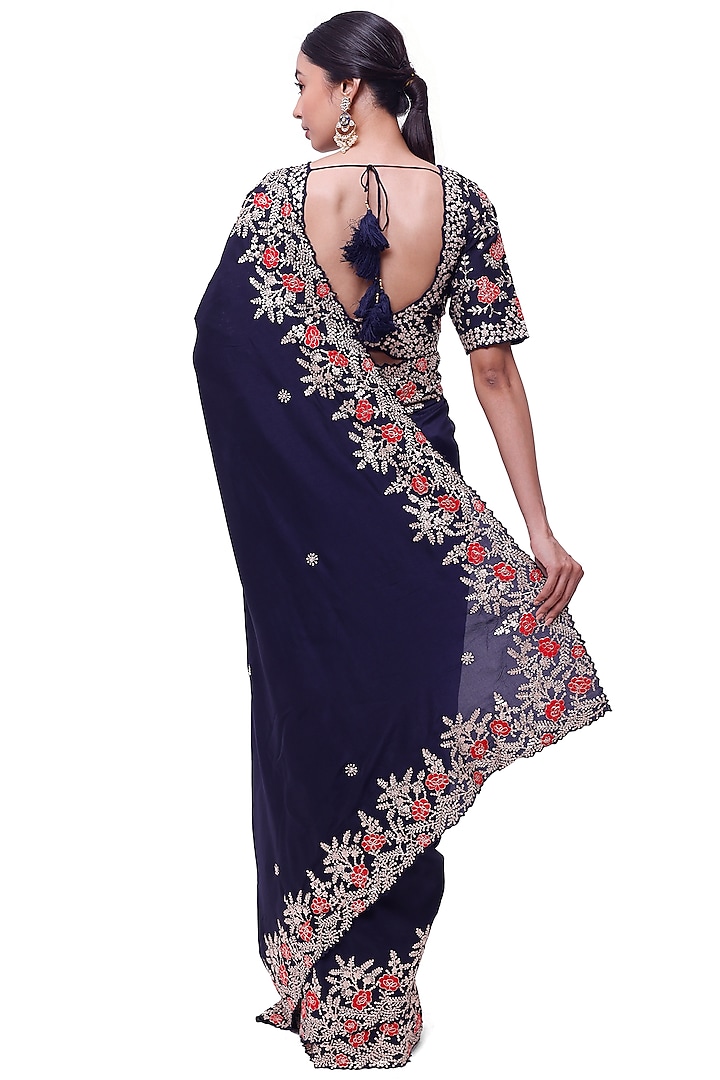 Deep Blue Russian Silk Zari Embellished Party Wear Saree Set by Onaya at Pernia's Pop Up Shop
