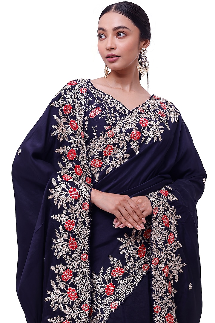 Deep Blue Russian Silk Zari Embellished Party Wear Saree Set by Onaya at Pernia's Pop Up Shop