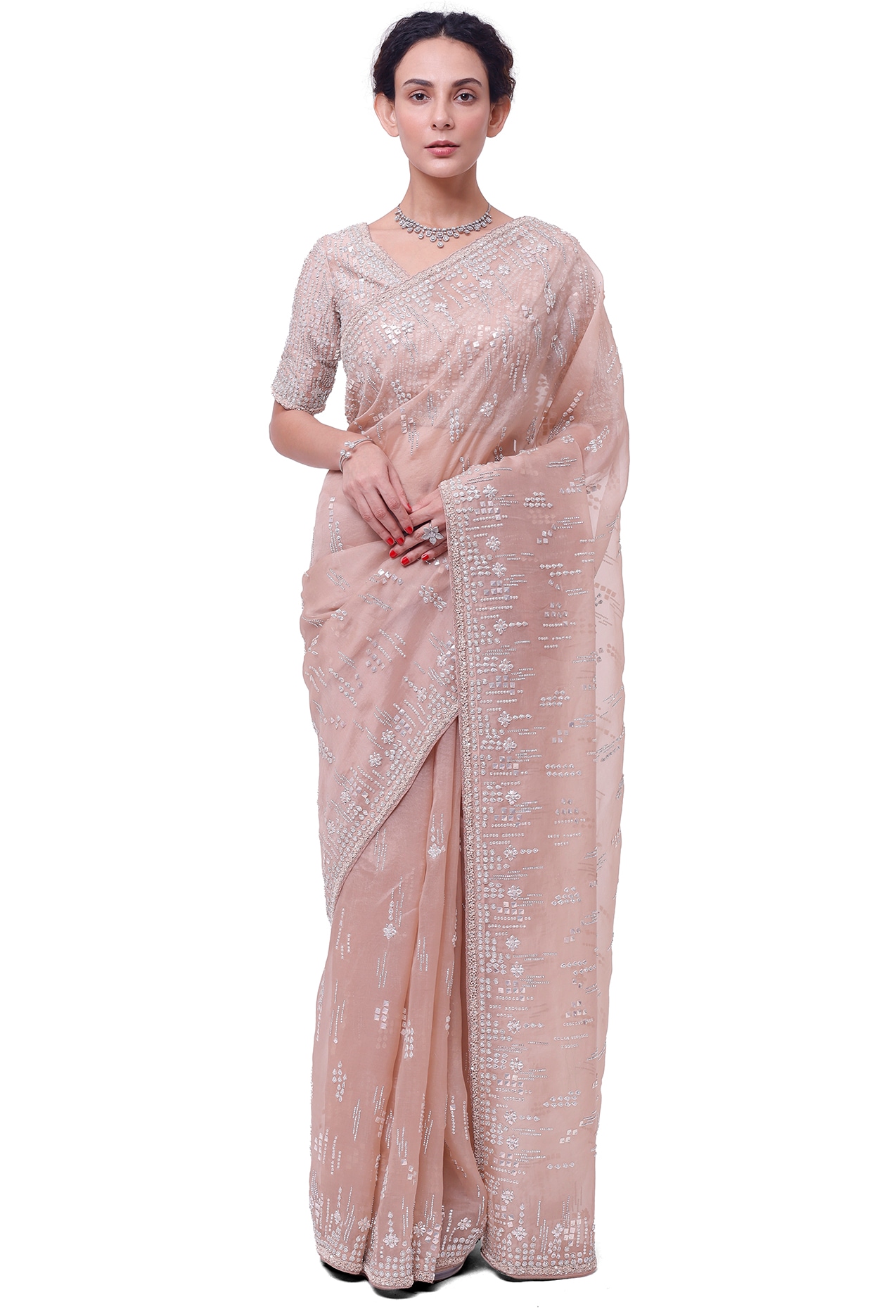 RI Ritu Kumar Peach Embroidered Silk Saree With Unstitched Blouse – Saris  and Things