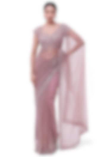Mauve Net Sequins Embellished Party Wear Saree Set by Onaya at Pernia's Pop Up Shop