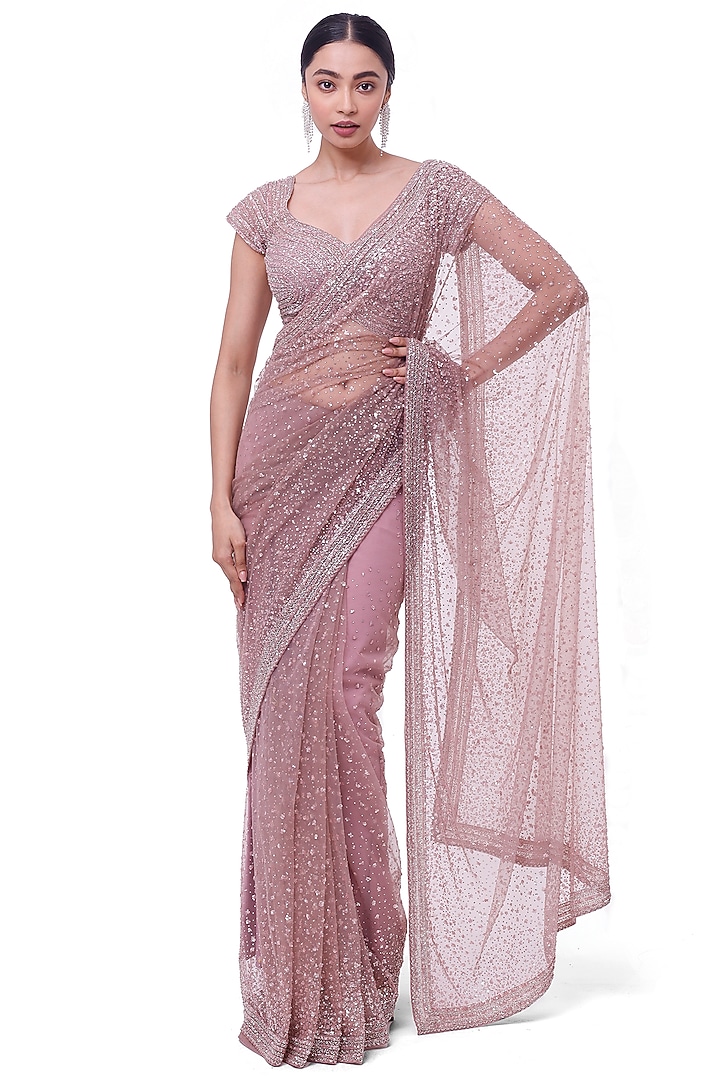Mauve Net Sequins Embellished Party Wear Saree Set by Onaya at Pernia's Pop Up Shop