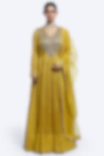 Mustard Organza & Crush Fabric Dabka Embellished Party Wear Gown With Dupatta by Onaya at Pernia's Pop Up Shop