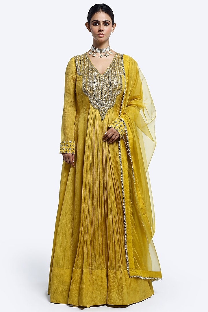 Mustard Organza & Crush Fabric Dabka Embellished Party Wear Gown With Dupatta by Onaya at Pernia's Pop Up Shop