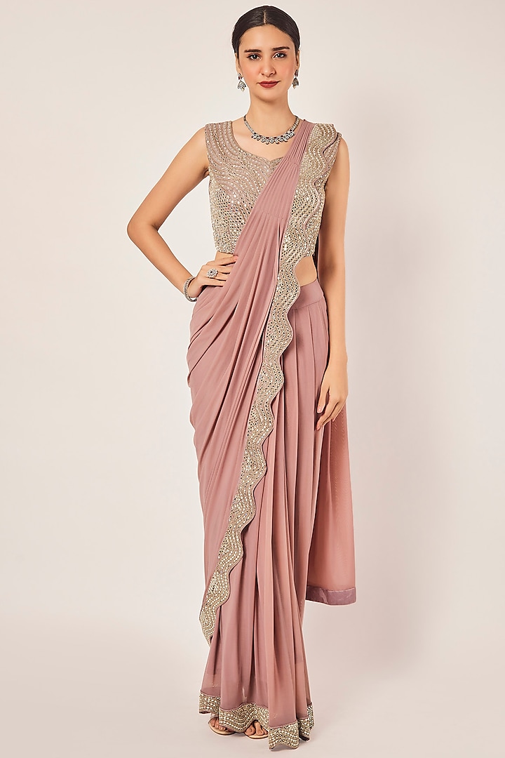 Mauve Lycra Net Mirror Work Draped Saree Set by Onaya at Pernia's Pop Up Shop