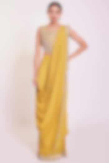 Yellow Lycra Net Draped Saree Set by Onaya