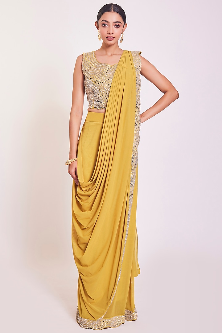 Yellow Lycra Net Draped Saree Set by Onaya