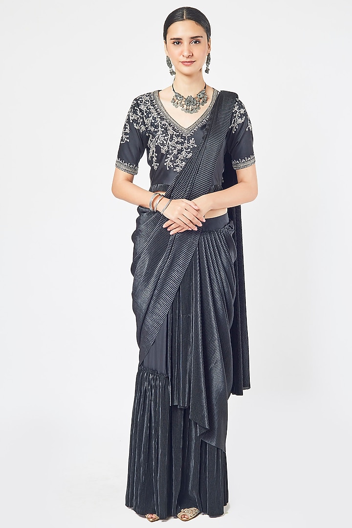 Black Embellished Draped Party Wear Saree Set by Onaya at Pernia's Pop Up Shop
