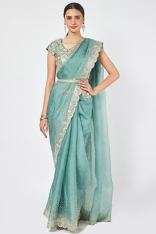 Fern Green Organza Embellished Saree Set by Onaya