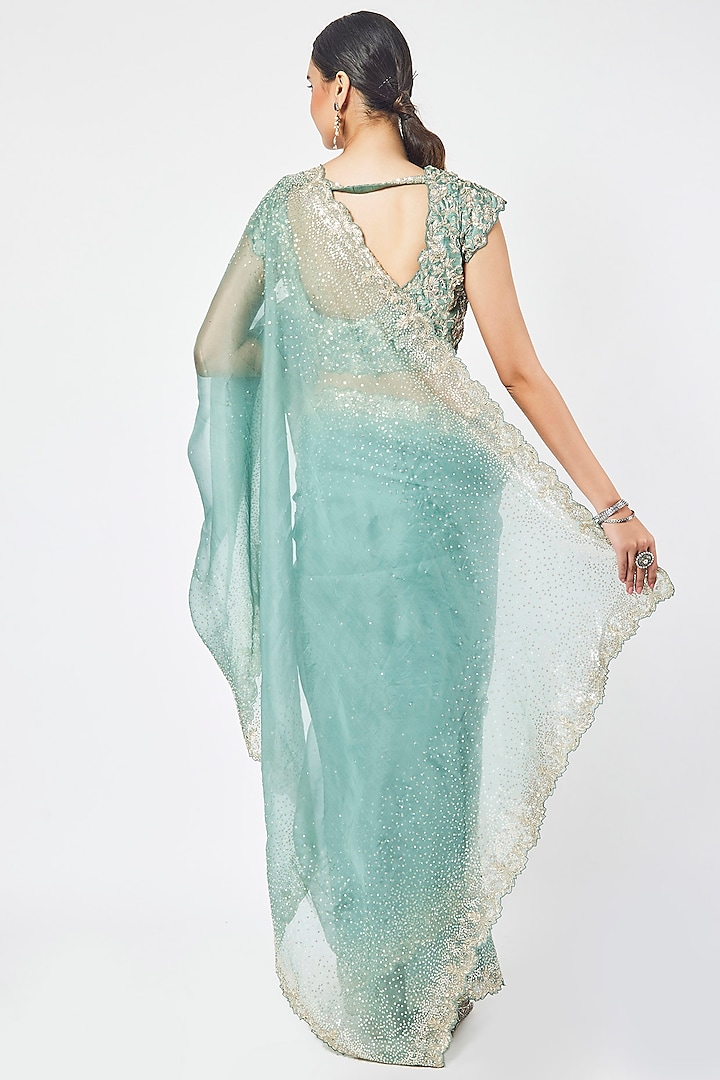 Fern Green Organza Embellished Party Wear Saree Set by Onaya at Pernia's Pop Up Shop
