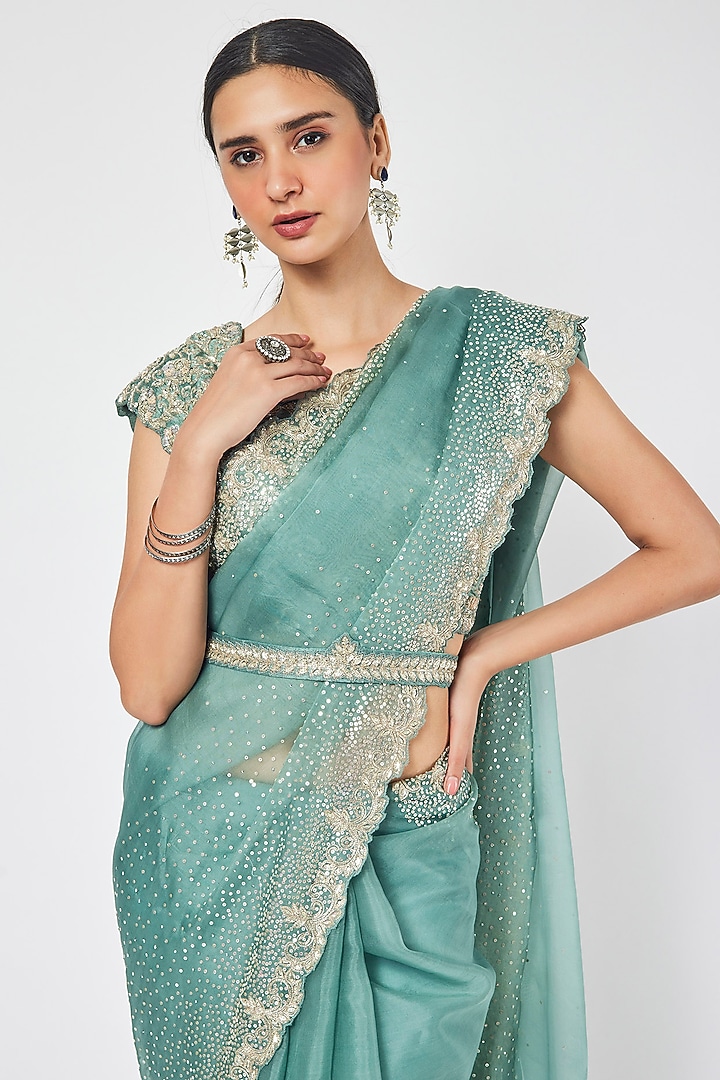 Fern Green Organza Embellished Party Wear Saree Set by Onaya at Pernia's Pop Up Shop
