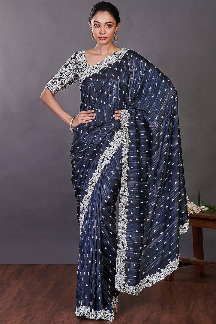 Navy Blue Abla Embellished Party Wear Saree Set by Onaya at Pernia's Pop Up Shop