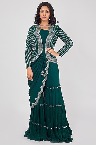 Bottle Green Embellished Jacket Set by Onaya