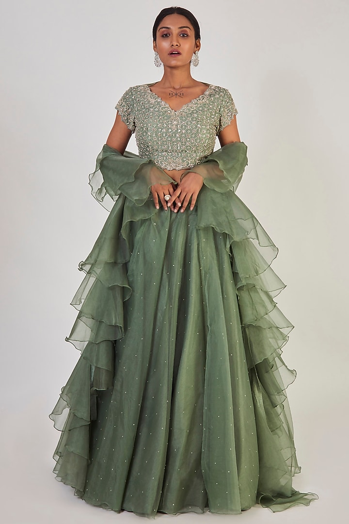 Sea Green Organza Lehenga Set by Onaya at Pernia's Pop Up Shop