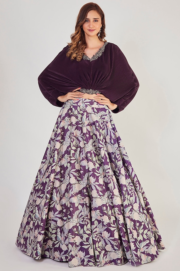 Purple Floral Printed Skirt Set by Onaya
