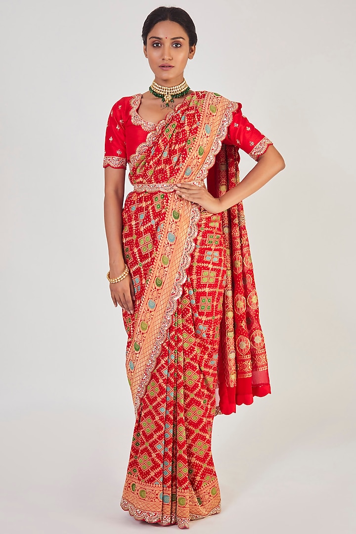 Red Bandhej Embellished Saree Set by Onaya
