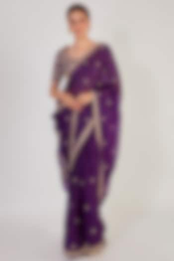 Purple Embroidered Party Wear Saree Set by Onaya at Pernia's Pop Up Shop
