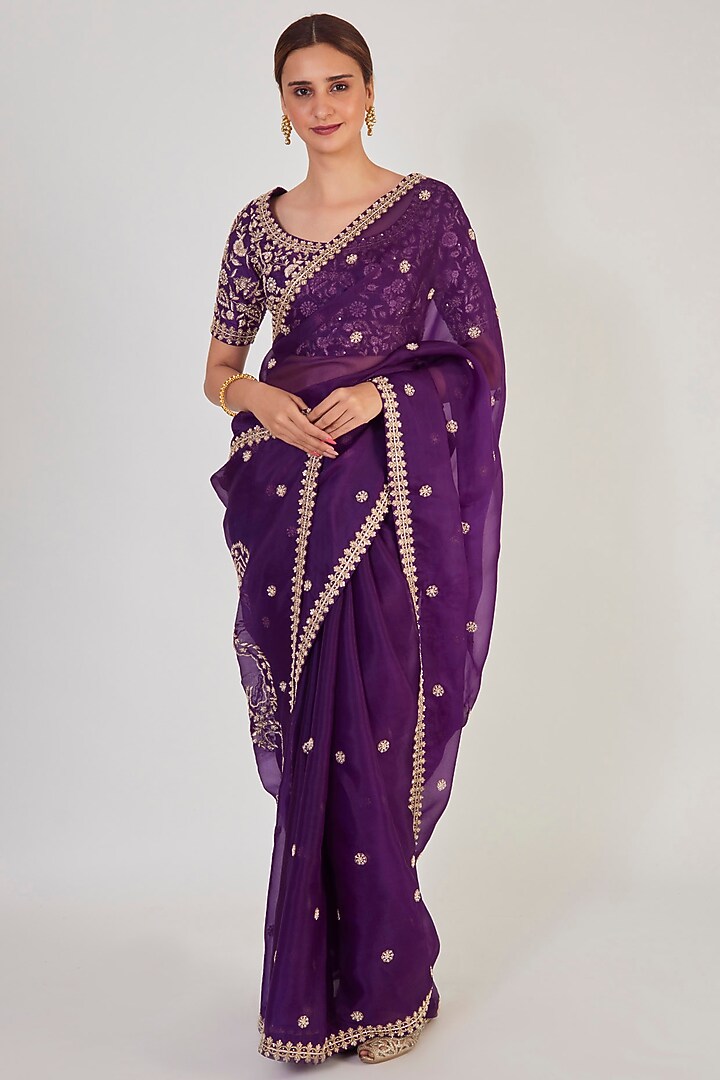 Purple Embroidered Party Wear Saree Set by Onaya at Pernia's Pop Up Shop