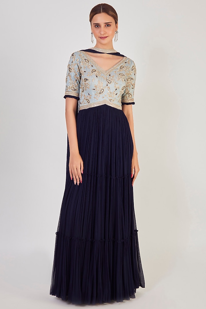 Blue Georgette Party Wear Anarkali Set by Onaya at Pernia's Pop Up Shop
