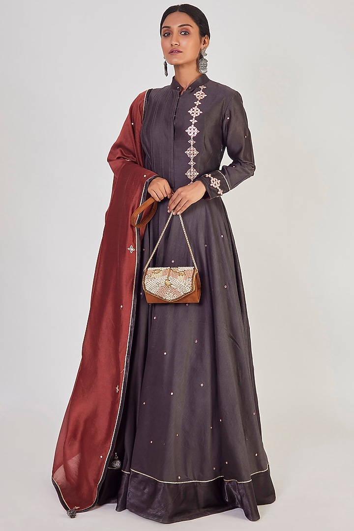 Grey Chanderi Party Wear Anarkali Set by Onaya at Pernia's Pop Up Shop