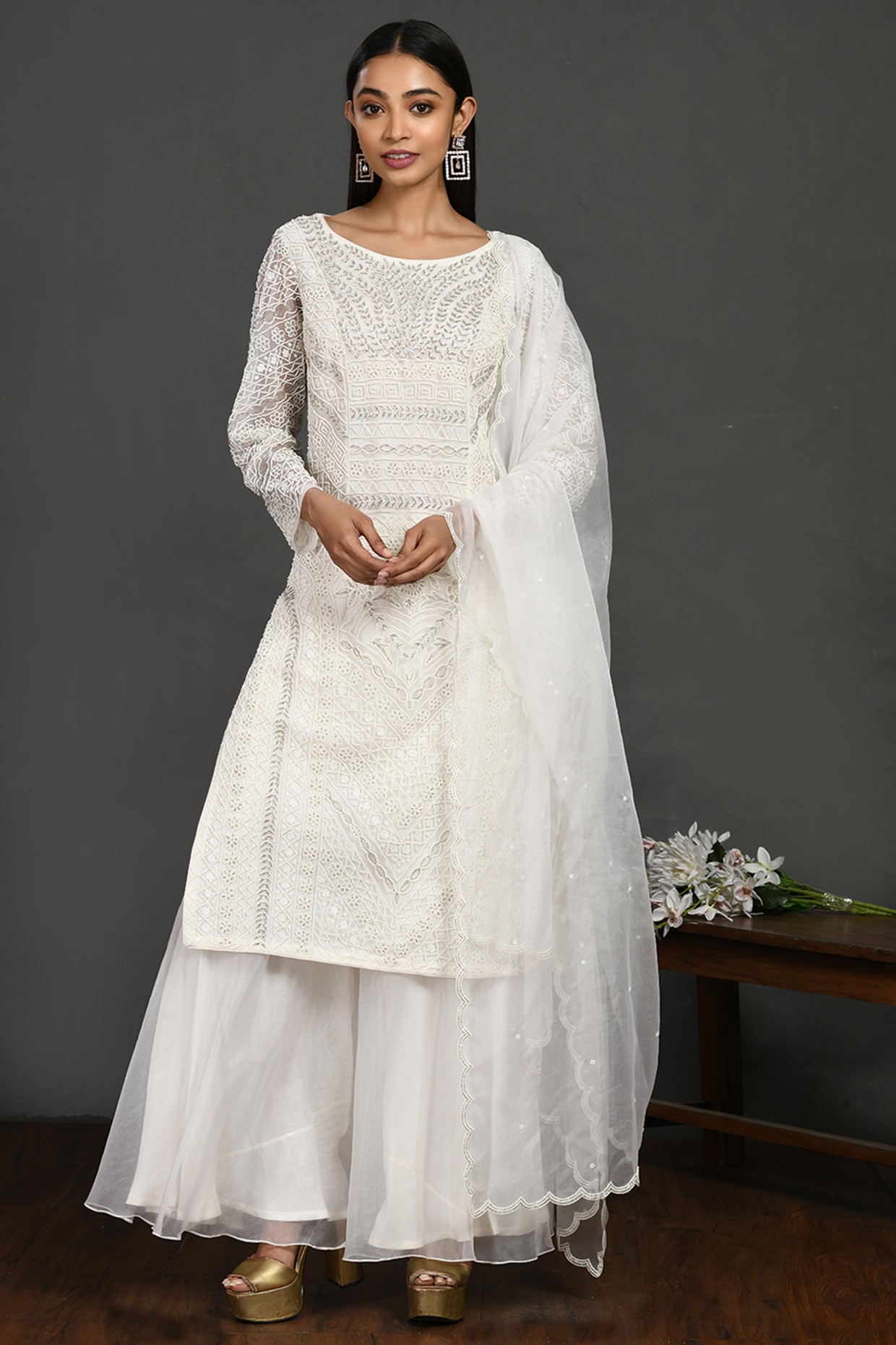 White Moti Embroidered Kurta Set by Onaya